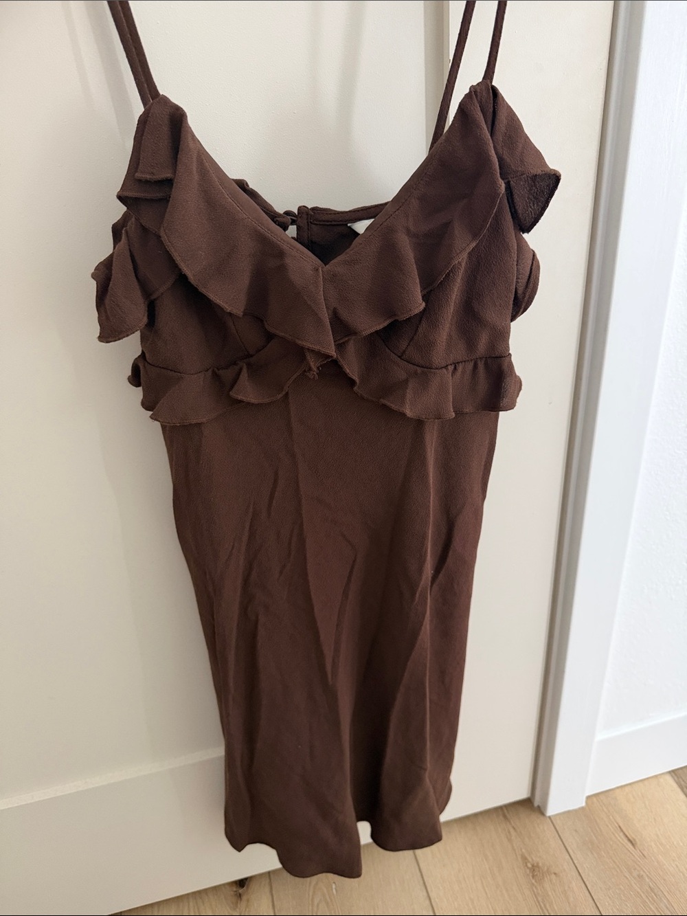 American Eagle Outfitters Brown Ruffle Spaghetti-Strap Mini Dress